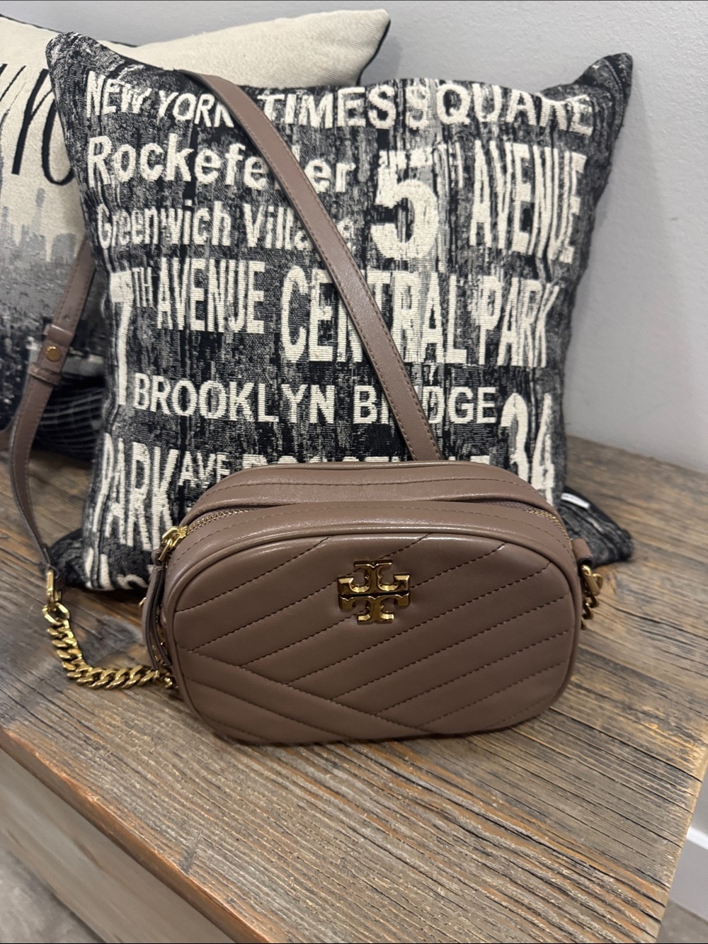 Tory Burch Taupe Quilted Leather Camera Crossbody with Gold Hardware